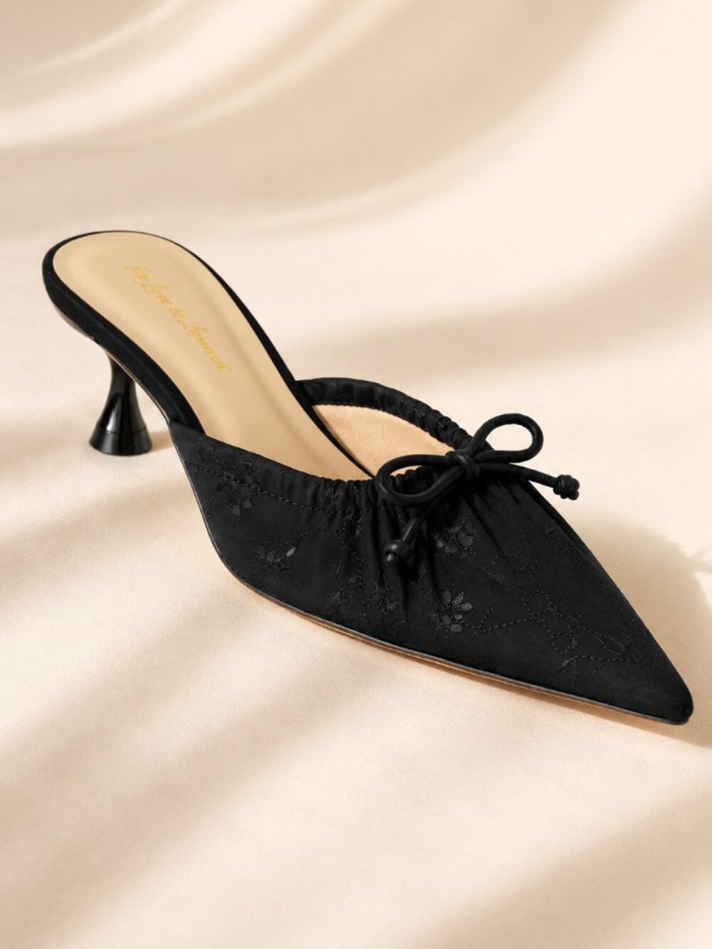 For Love & Lemons Colette Black Slip On Satin Bow Pointed Toe Mule Heels 8 NEW